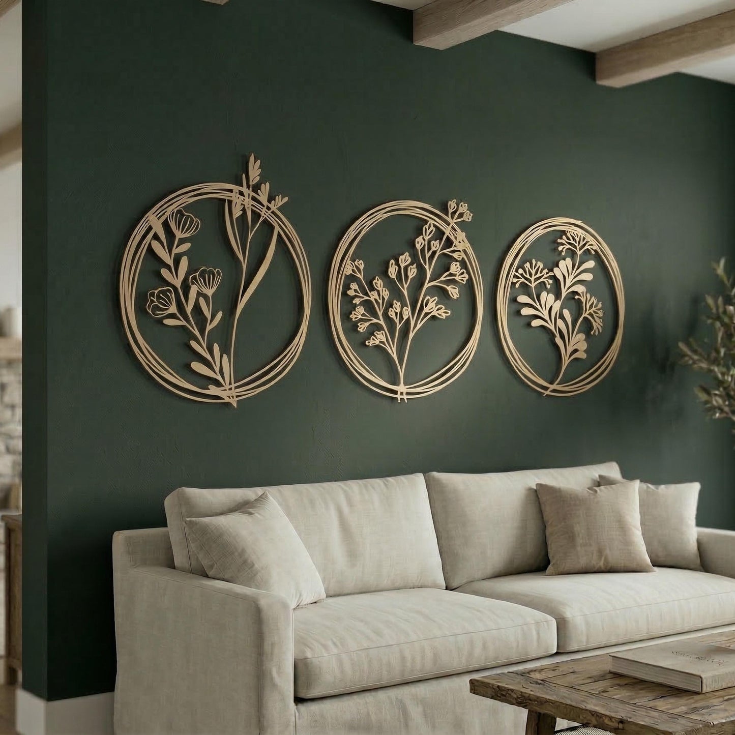 Set of 3 Metal Botanical Flower Wall Art size guide with dimensions in cm and inches