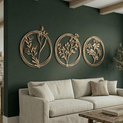 Set of 3 Metal Botanical Flower Wall Art size guide with dimensions in cm and inches