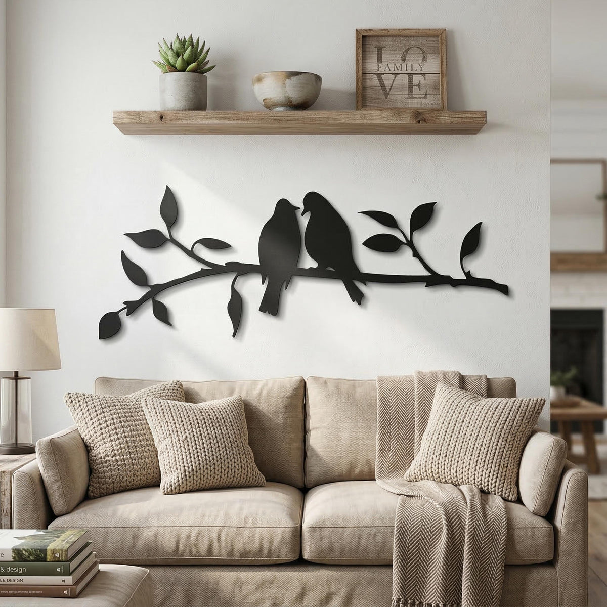 Metal Birds on Branch Wall Art in a modern hallway