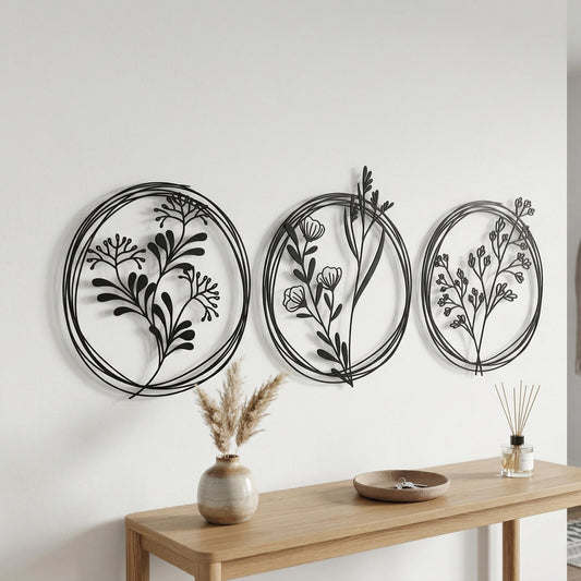 Set of 3 Wildflower Metal Wall Art | Minimalist Botanical Circle Decor | Wallsignature
