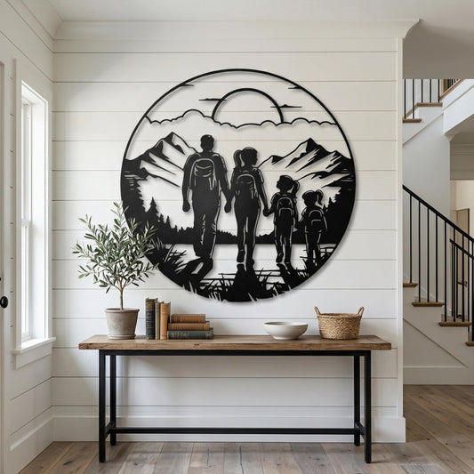 Family Hiking Metal Wall Art, Mountain Nature Scene, Outdoor Adventure Decor, Housewarming Gift | Wallsignature