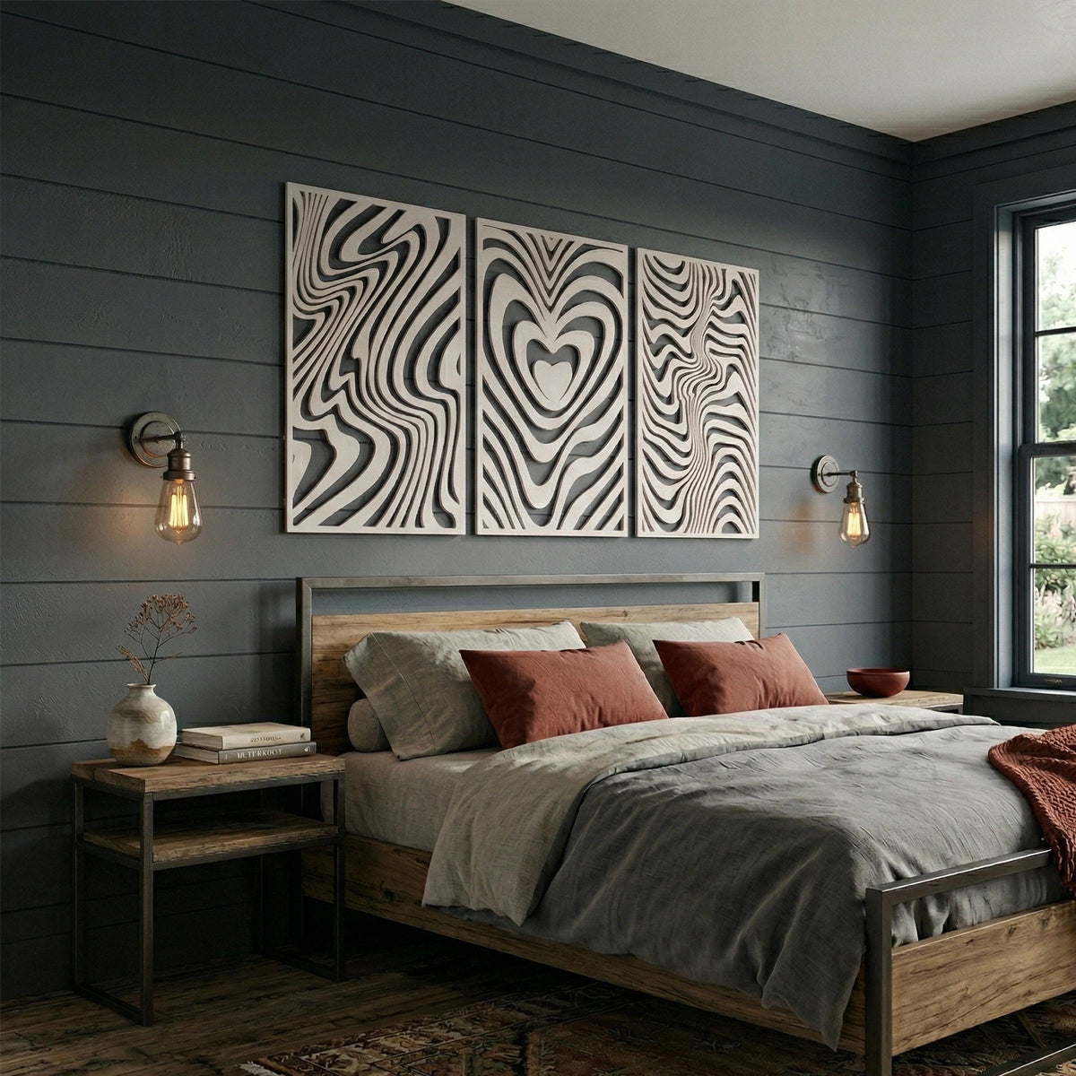 Metal Wall Art Triptych bedroom interior styling