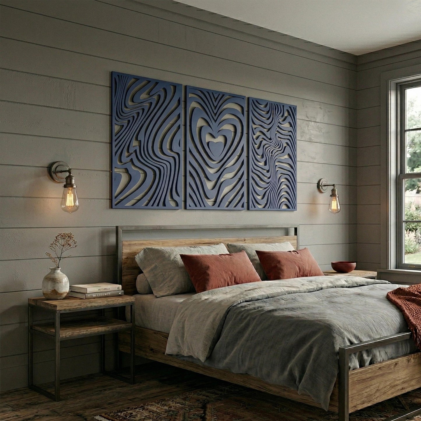 Metal Wall Art Triptych, Psychedelic Heart Optical Illusion Decor, Above Bed Triptych | Wallsignature