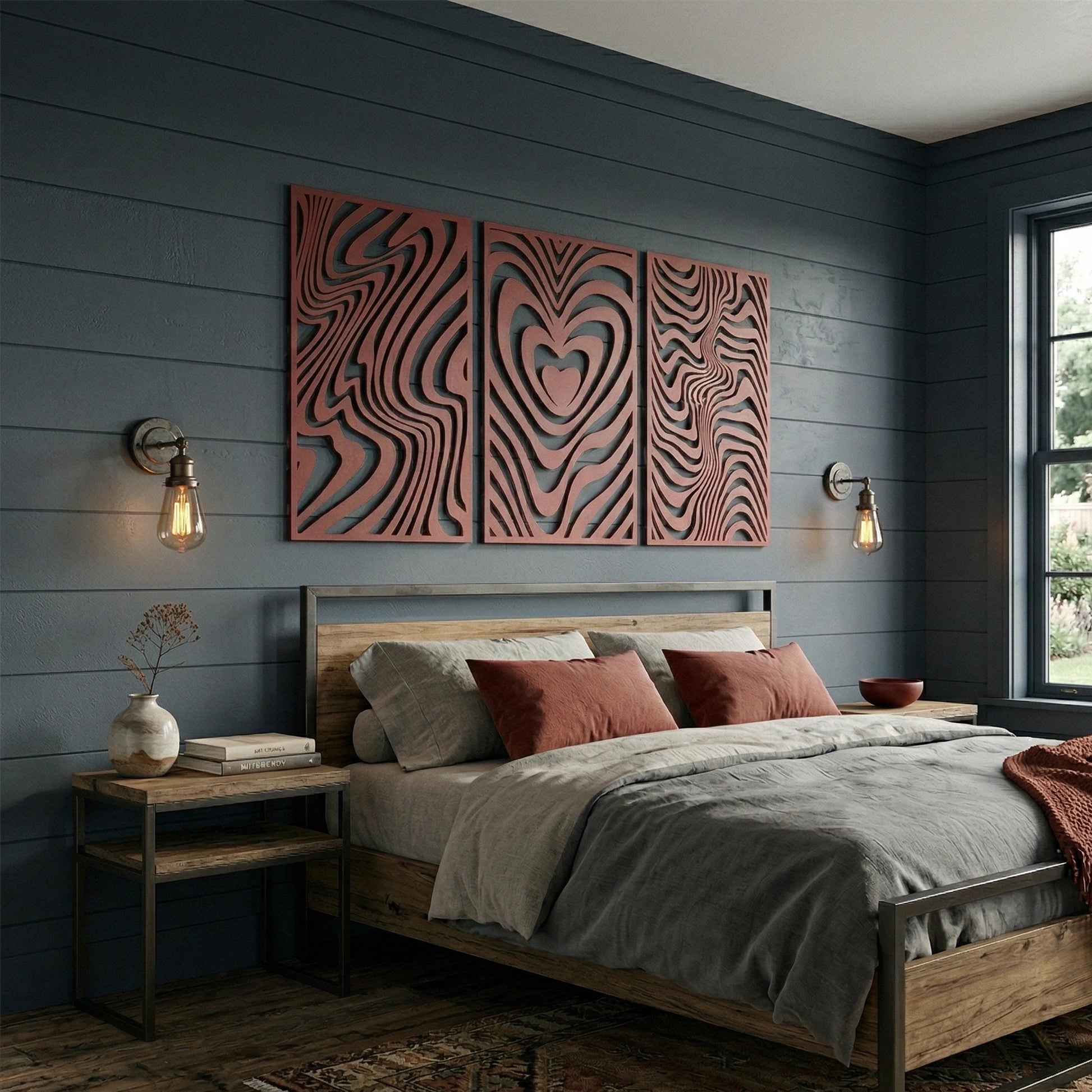 Metal Wall Art Triptych, Psychedelic Heart Optical Illusion Decor, Above Bed Triptych | Wallsignature