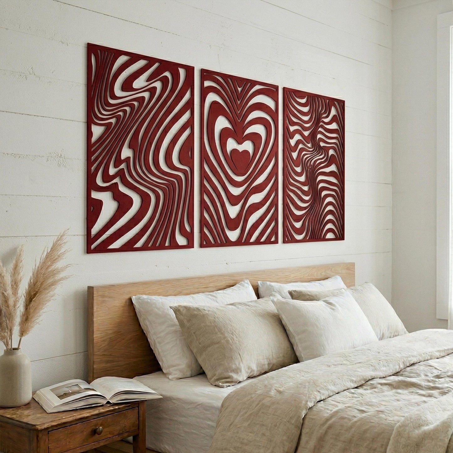 Metal Wall Art Triptych, Psychedelic Heart Optical Illusion Decor, Above Bed Triptych | Wallsignature