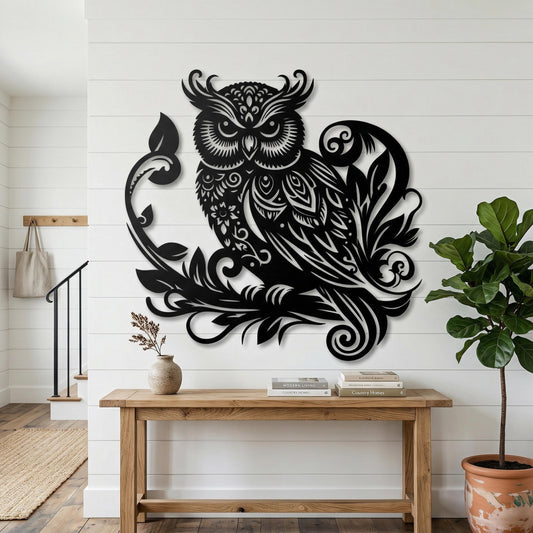 Black Metal Owl Wall Art – laser-cut steel wall decor