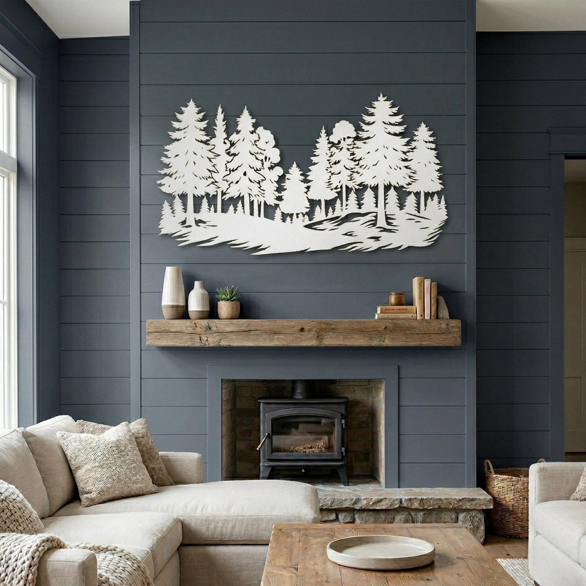 Pine Forest Metal Wall Art, Black Steel Evergreen Tree Silhouette Modern Cabin Decor | Wallsignature