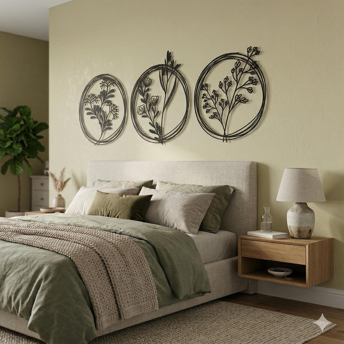 Set of 3 Metal Wildflower Wall Art shown on a living room wall