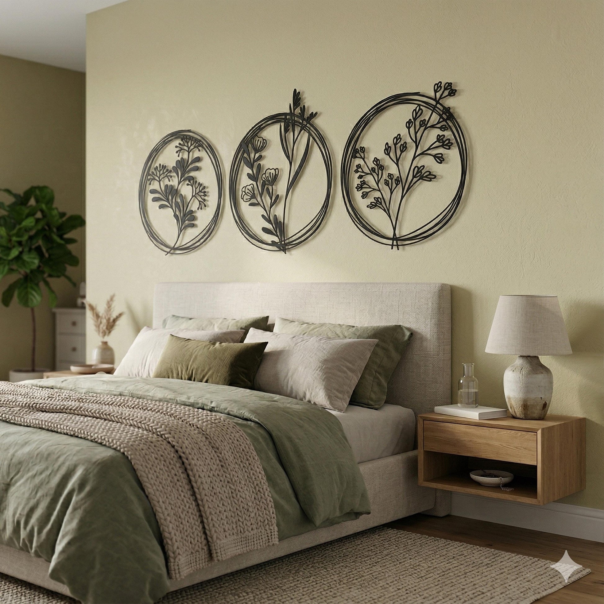 Set of 3 Metal Wildflower Wall Art shown on a living room wall