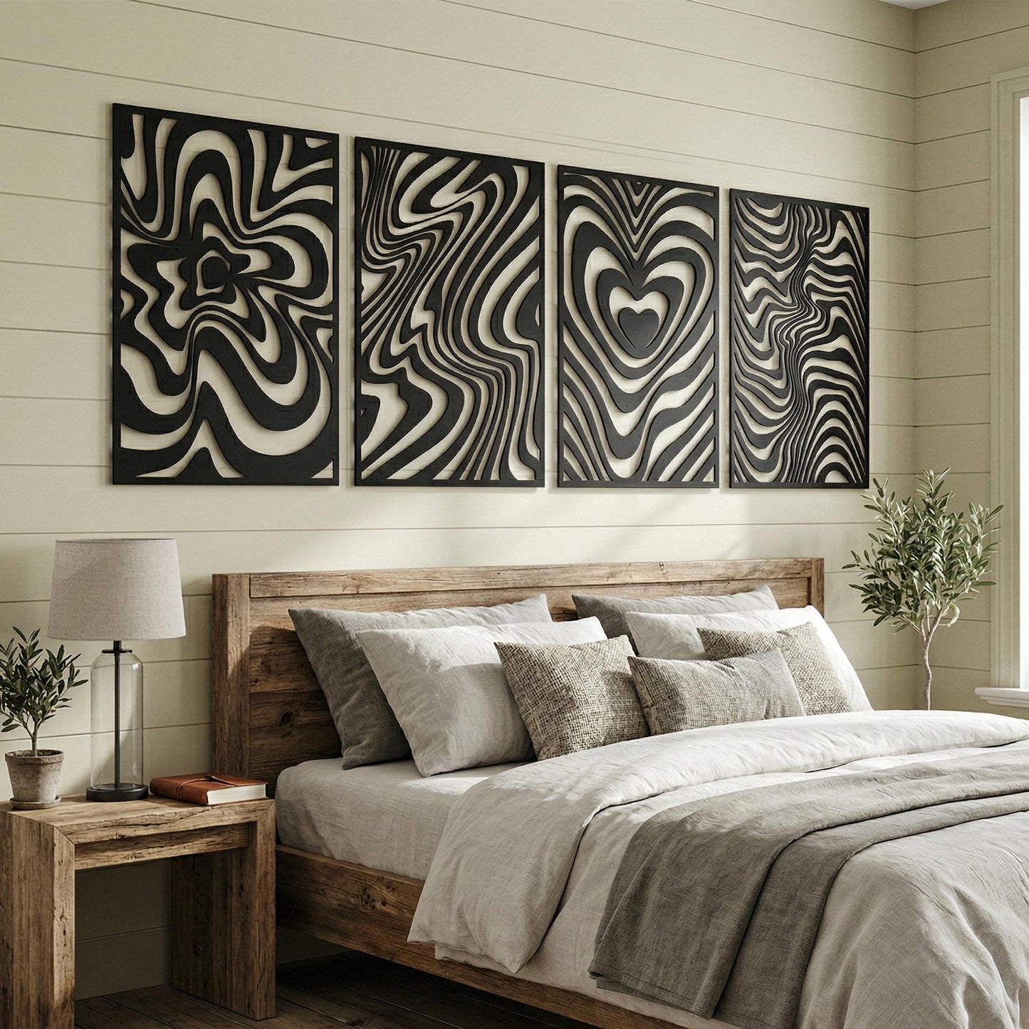 Set of 4 Metal Wall Art, Wavy Swirl Heart, Modern Bedroom Decor Above Bed | Wallsignature