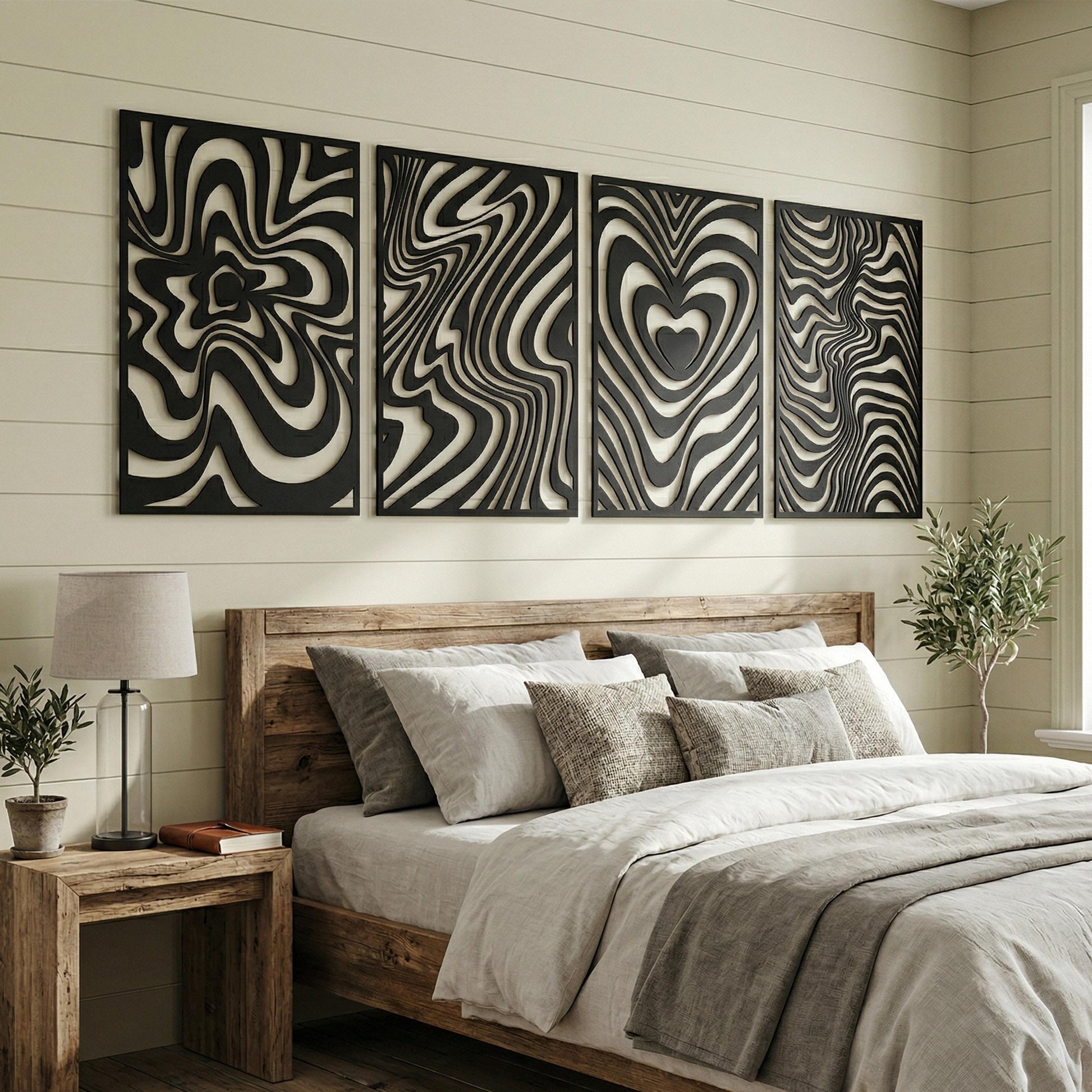 Set of 4 Metal Wall Art, Wavy Swirl Heart, Modern Bedroom Decor Above Bed | Wallsignature