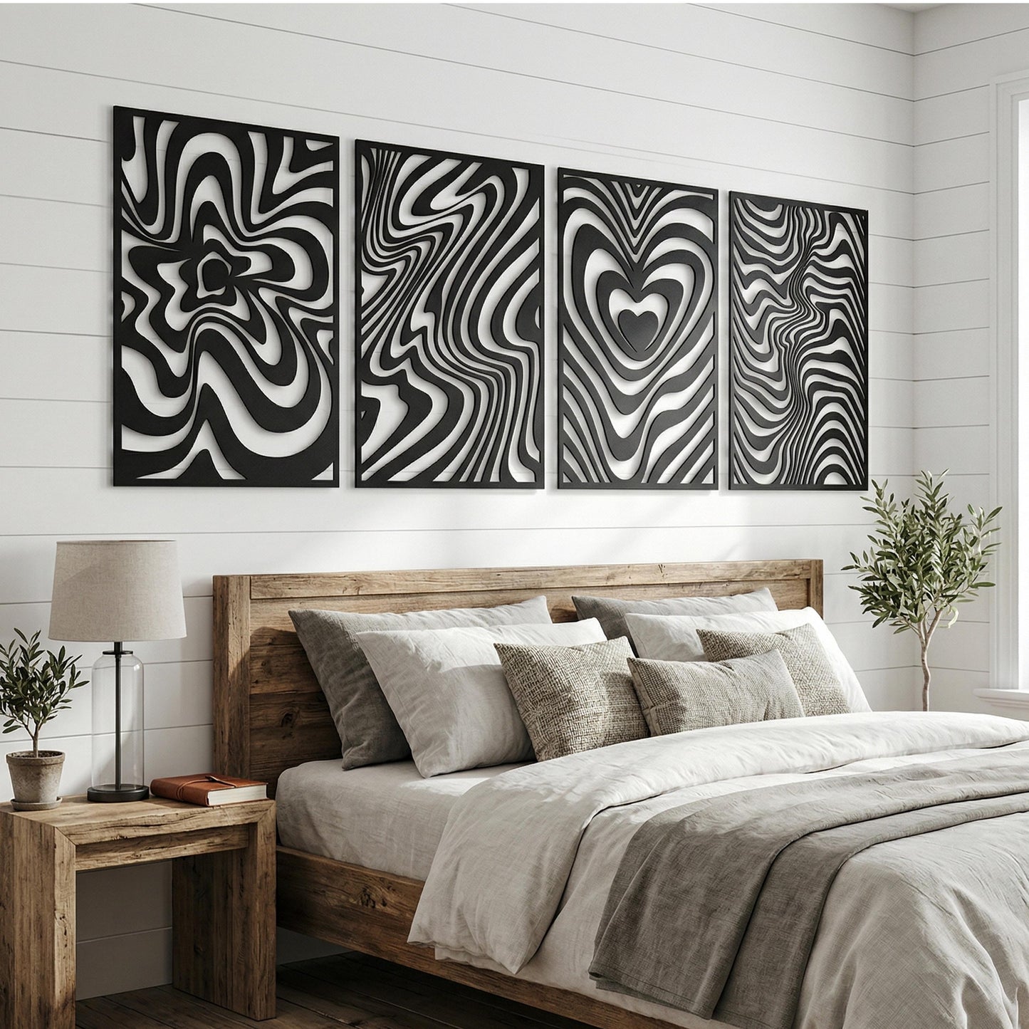 Set of 4 Metal Wall Art, Wavy Swirl Heart, Modern Bedroom Decor Above Bed | Wallsignature