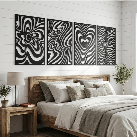 Set of 4 Metal Wall Art, Wavy Swirl Heart, Modern Bedroom Decor Above Bed | Wallsignature