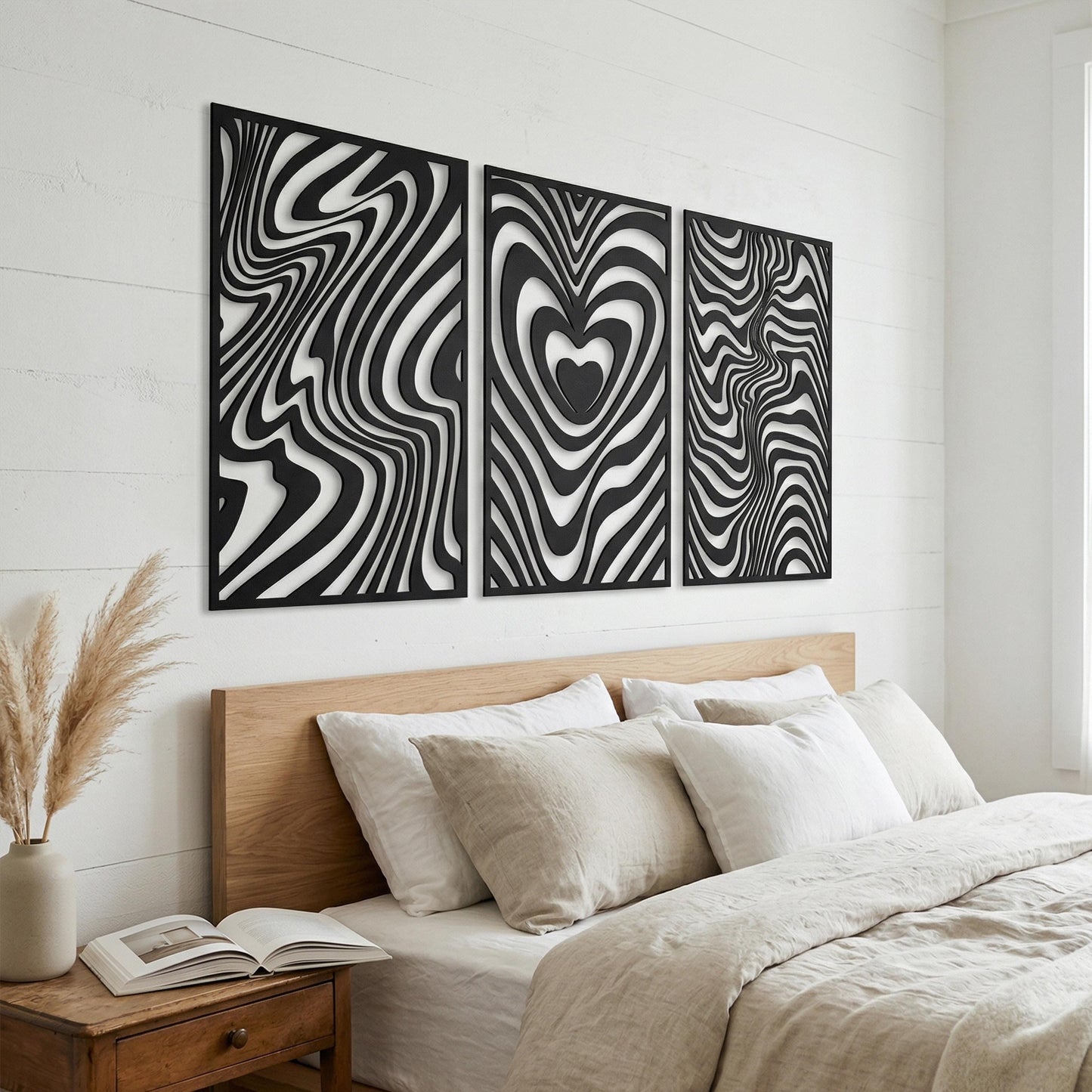 Metal Wall Art Triptych, Psychedelic Heart Optical Illusion Decor, Above Bed Triptych | Wallsignature