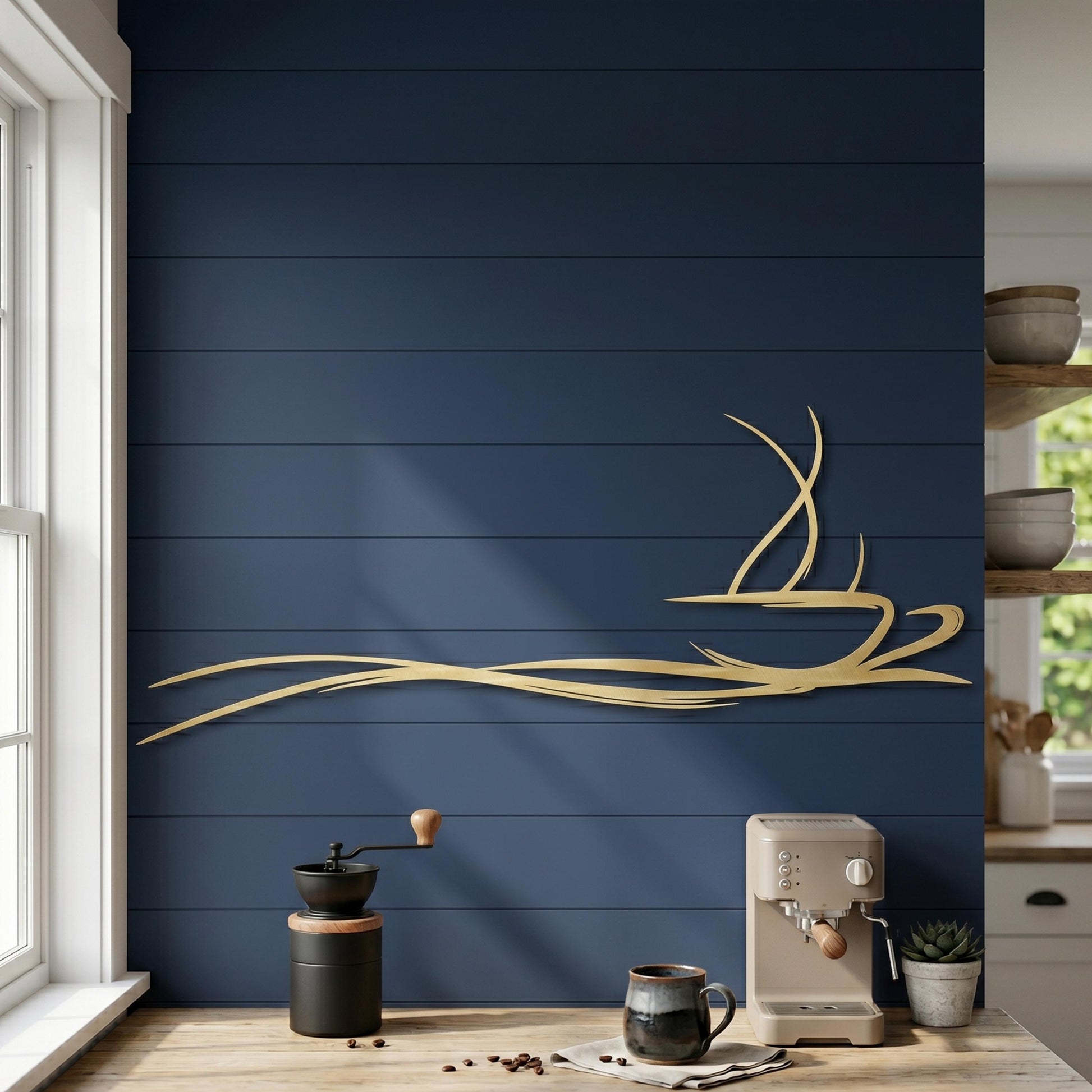 Metal Coffee Cup Wall Art, Minimalist Abstract Line Design, Modern Kitchen Cafe Decor | Wallsignature