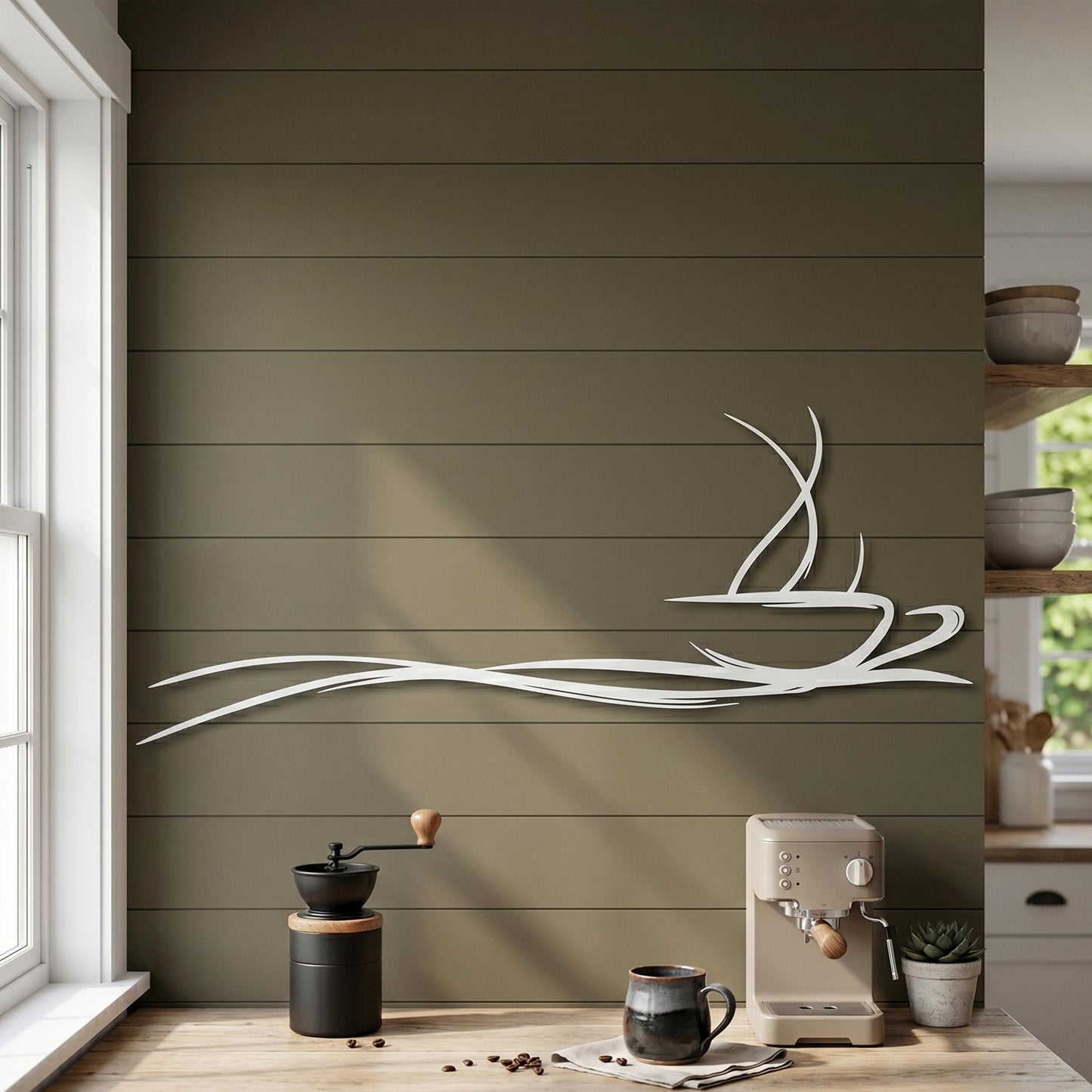 Metal Coffee Cup Wall Art, Minimalist Abstract Line Design, Modern Kitchen Cafe Decor | Wallsignature