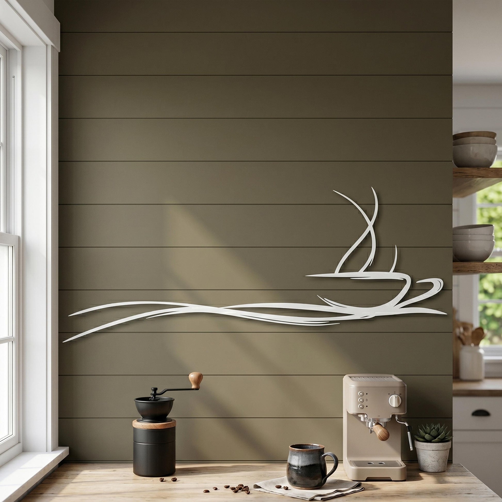 Metal Coffee Cup Wall Art, Minimalist Abstract Line Design, Modern Kitchen Cafe Decor | Wallsignature