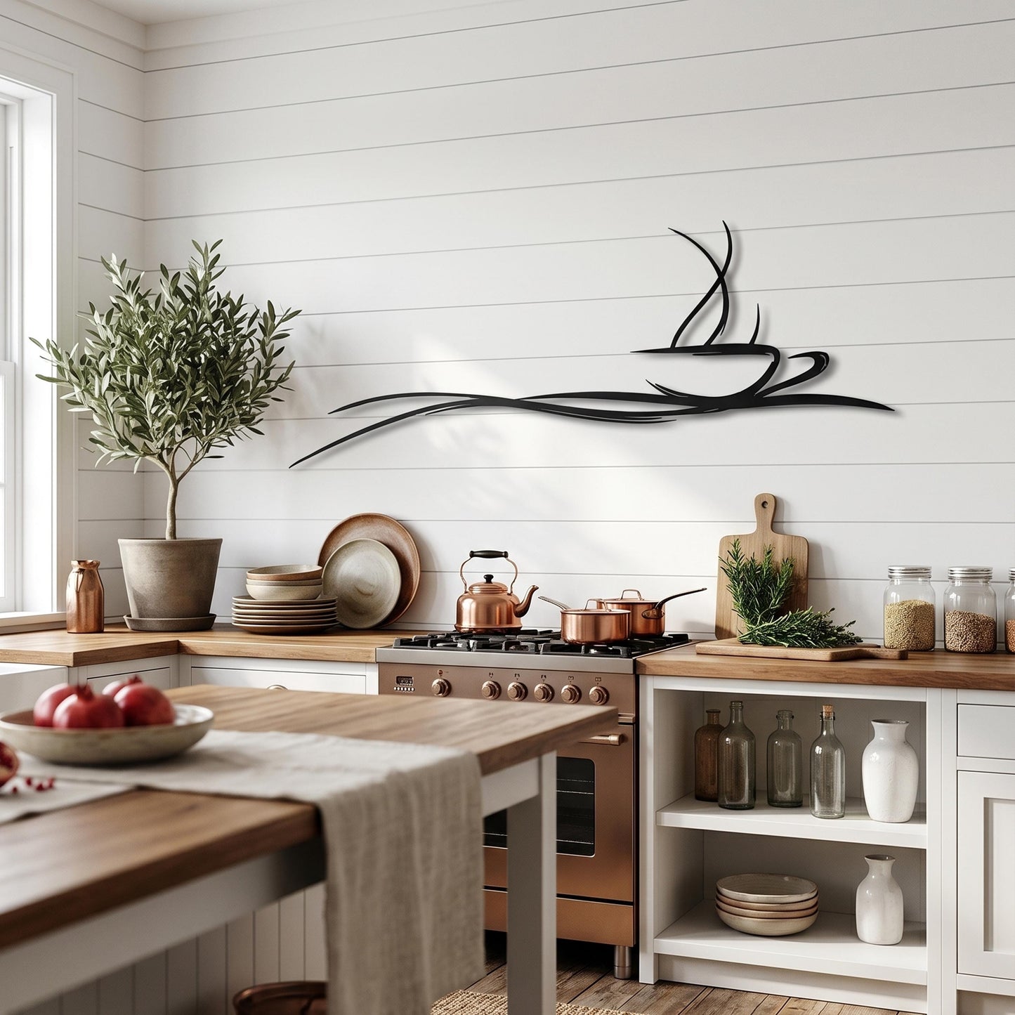 Metal Coffee Cup Wall Art, Minimalist Abstract Line Design, Modern Kitchen Cafe Decor | Wallsignature
