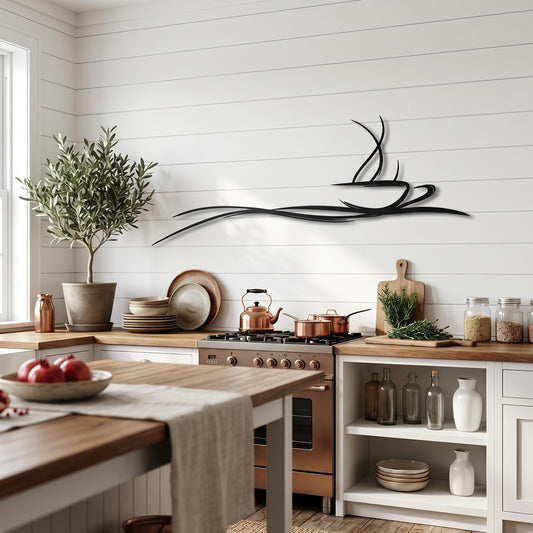 Metal Coffee Cup Wall Art, Minimalist Abstract Line Design, Modern Kitchen Cafe Decor | Wallsignature