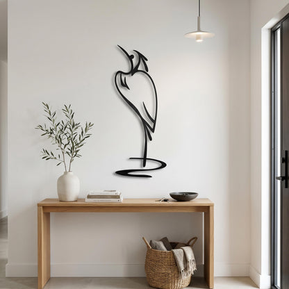 Minimalist Metal Heron Art shown on a living room wall