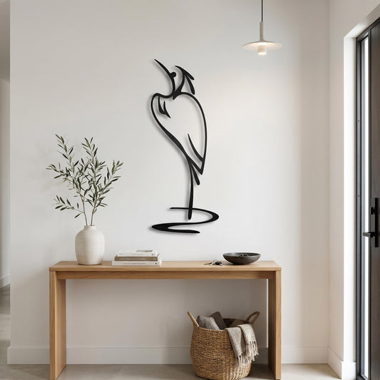 Minimalist Metal Heron Art shown on a living room wall