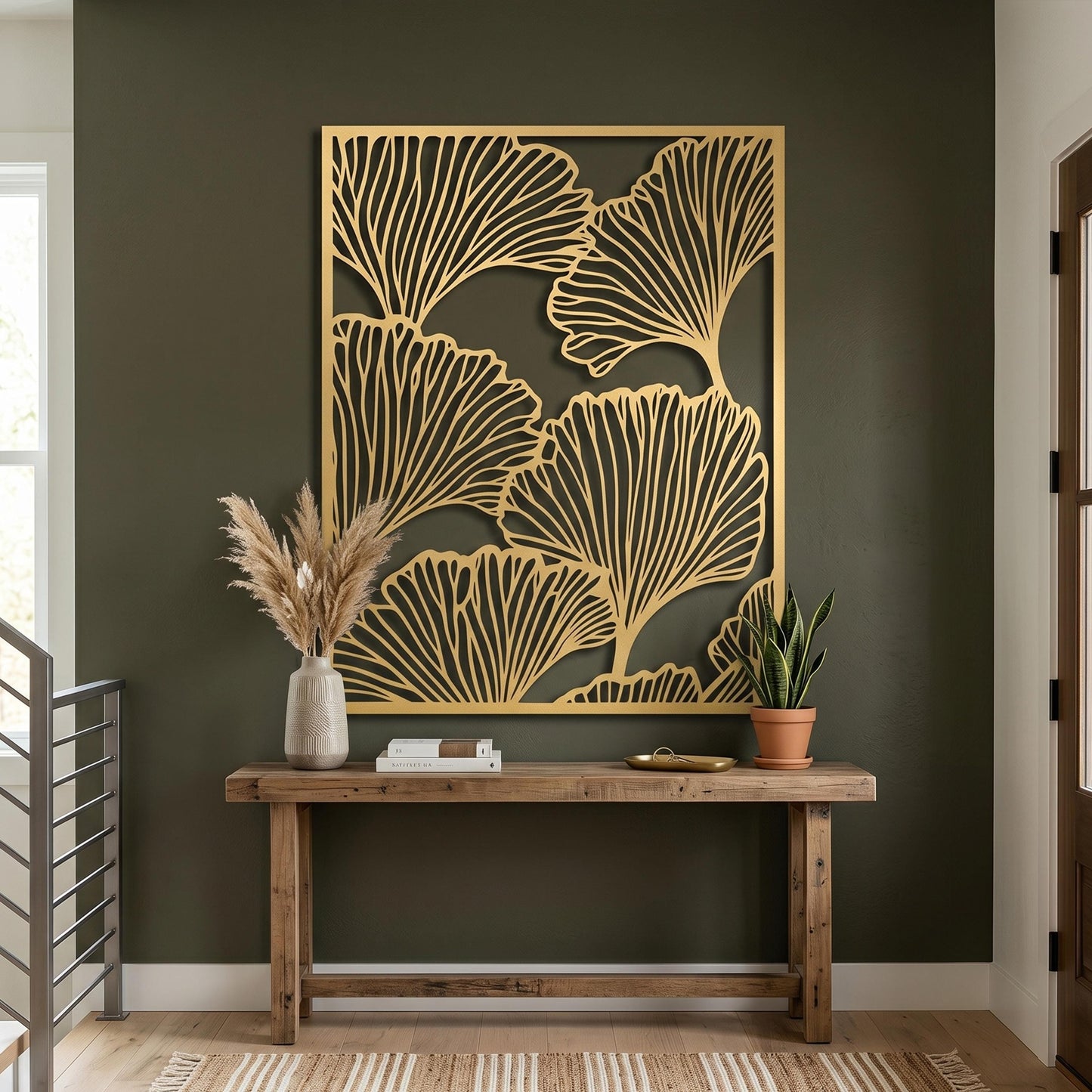 Metal Ginkgo Leaf Wall Art styled above a sofa