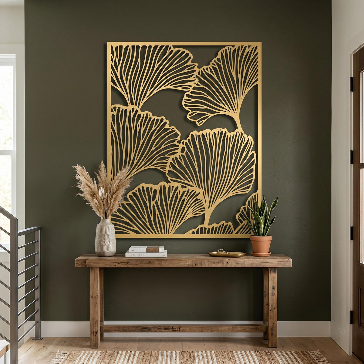 Metal Ginkgo Leaf Wall Art styled above a sofa