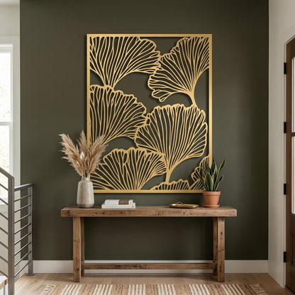 Metal Ginkgo Leaf Wall Art styled above a sofa