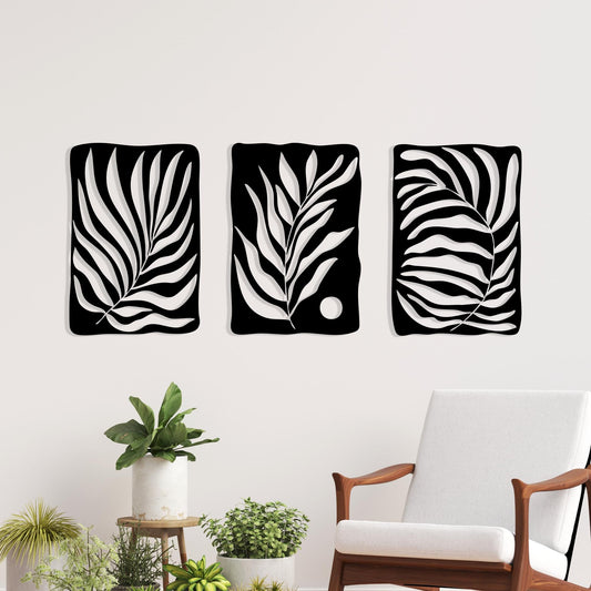 Tropical Palm Leaf Metal Wall Art, Triptych 3 Piece Matte Black Steel Set | Wallsignature