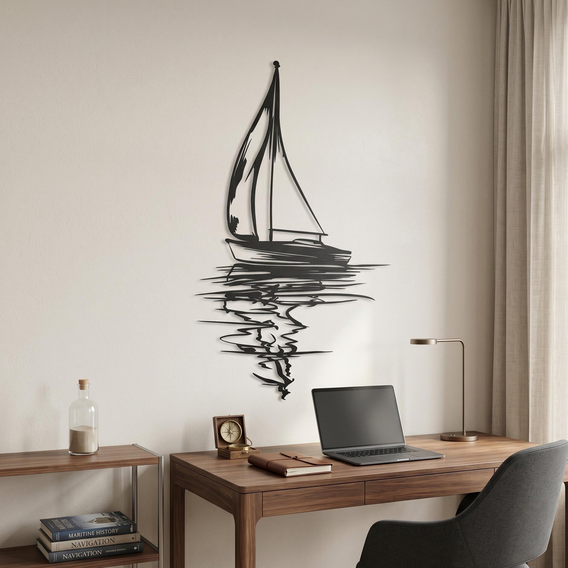 Black Steel Sailboat Silhouette Art Minimalist, Nautical Coastal Living Room Piece | Wallsignature