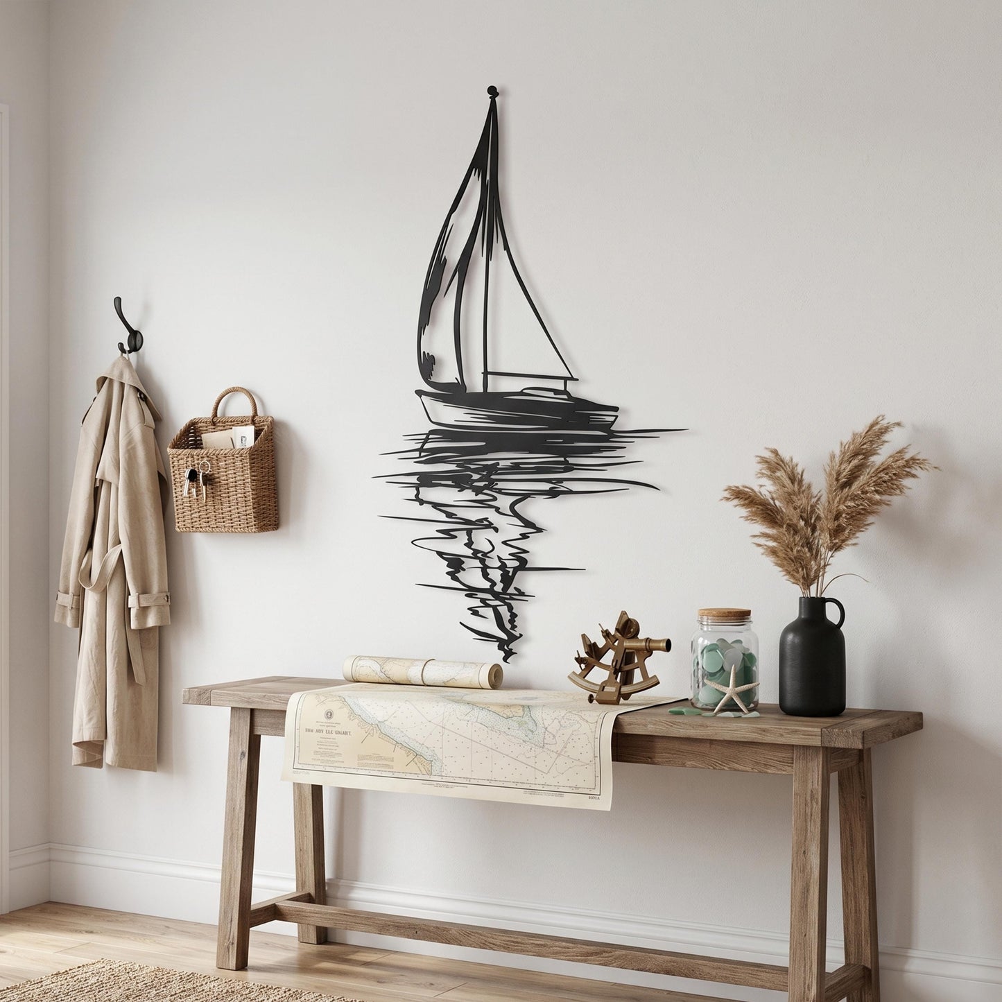 Black Steel Sailboat Silhouette Art Minimalist – laser-cut steel wall decor
