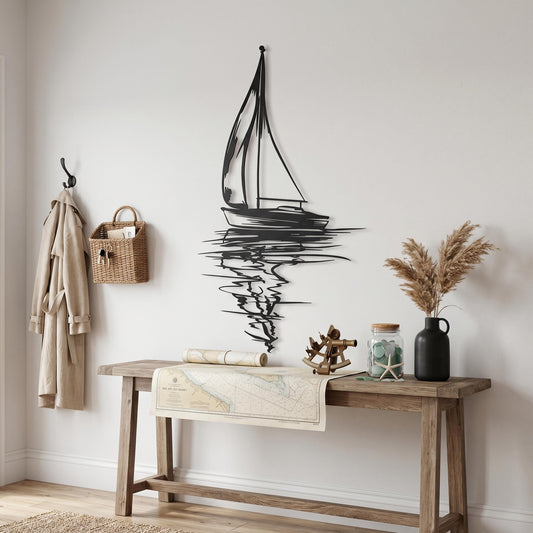 Black Steel Sailboat Silhouette Art Minimalist – laser-cut steel wall decor
