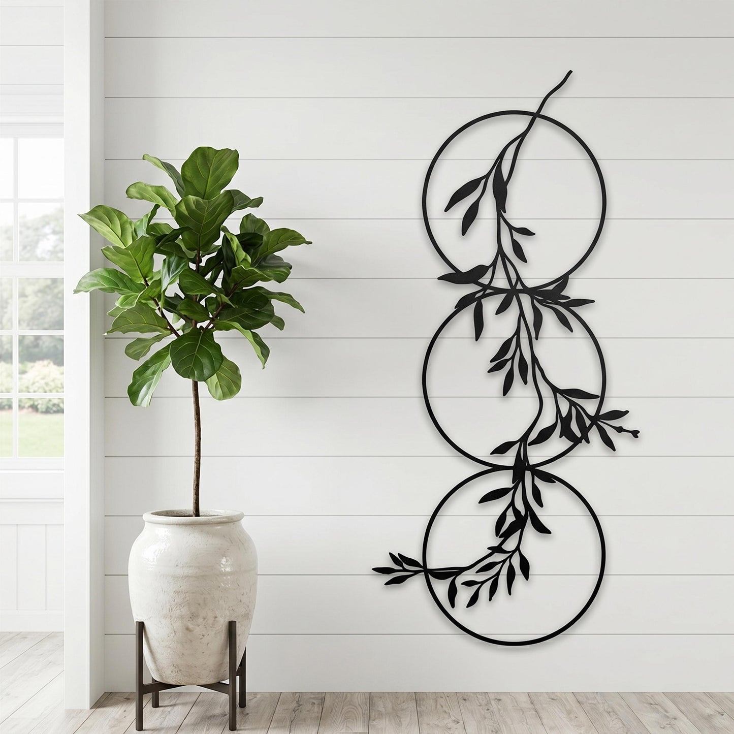 Vertical Metal Wall Art, Botanical Olive Branch, 3 Circle Vine Decor, Narrow Hallway Sign | Wallsignature