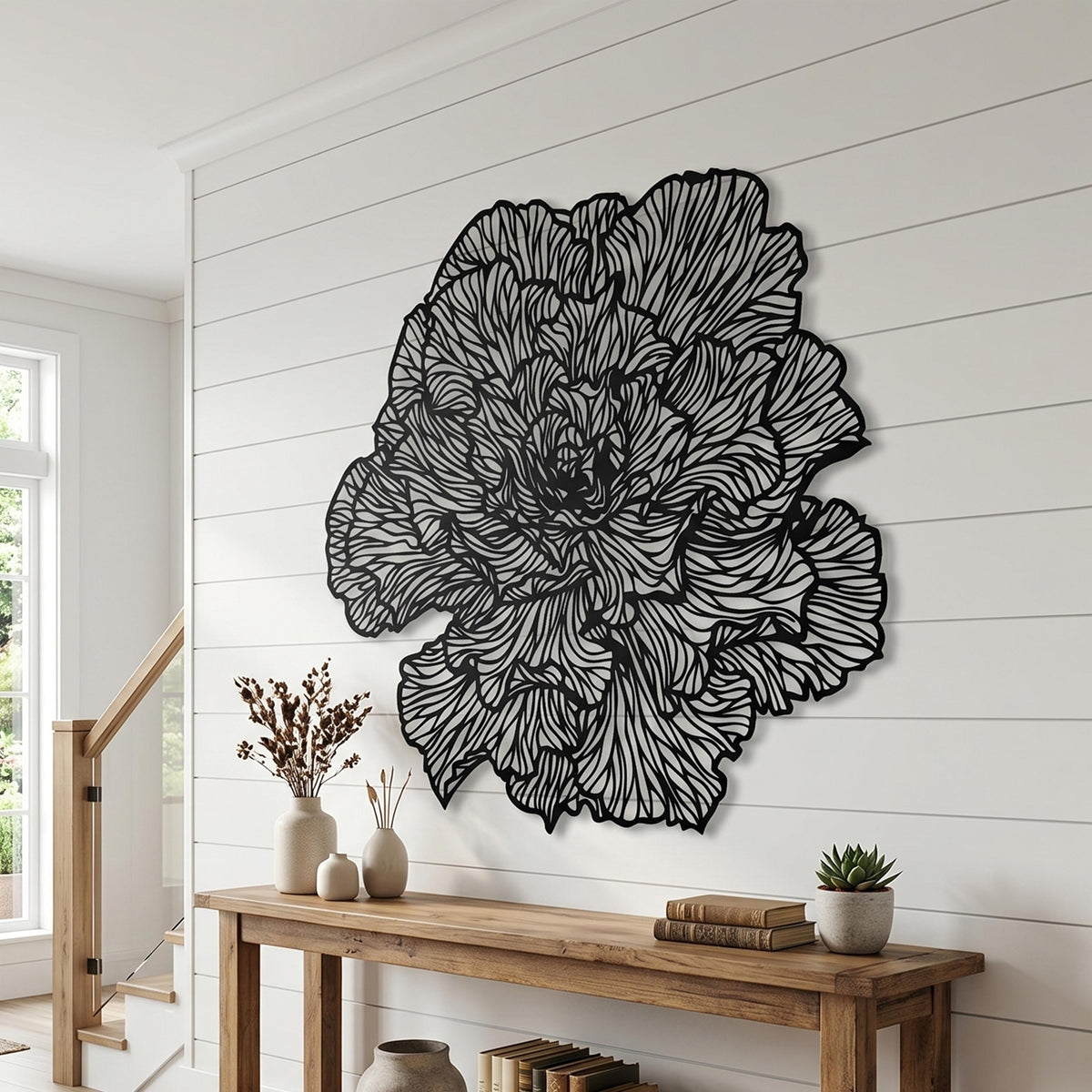 Large Peony Black Metal Flower Wall Art – laser-cut steel wall decor