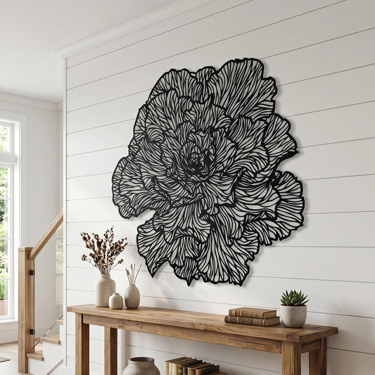 Large Peony Black Metal Flower Wall Art – laser-cut steel wall decor