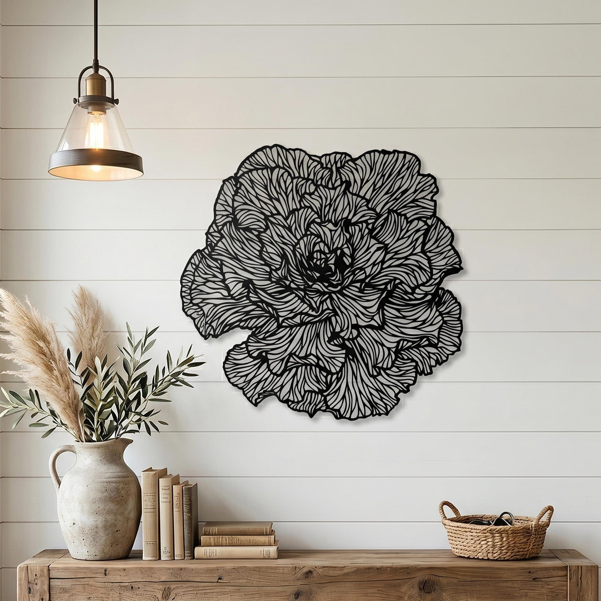 Large Peony Black Metal Flower Wall Art styled above a sofa