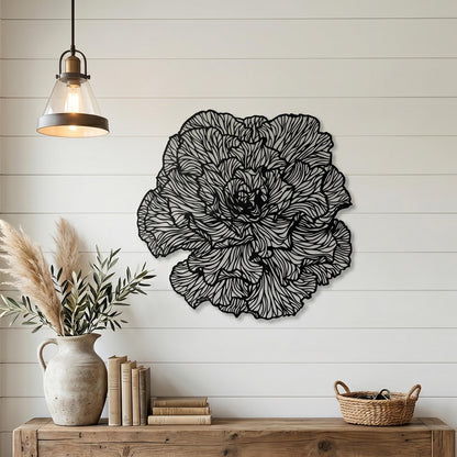Large Peony Black Metal Flower Wall Art styled above a sofa