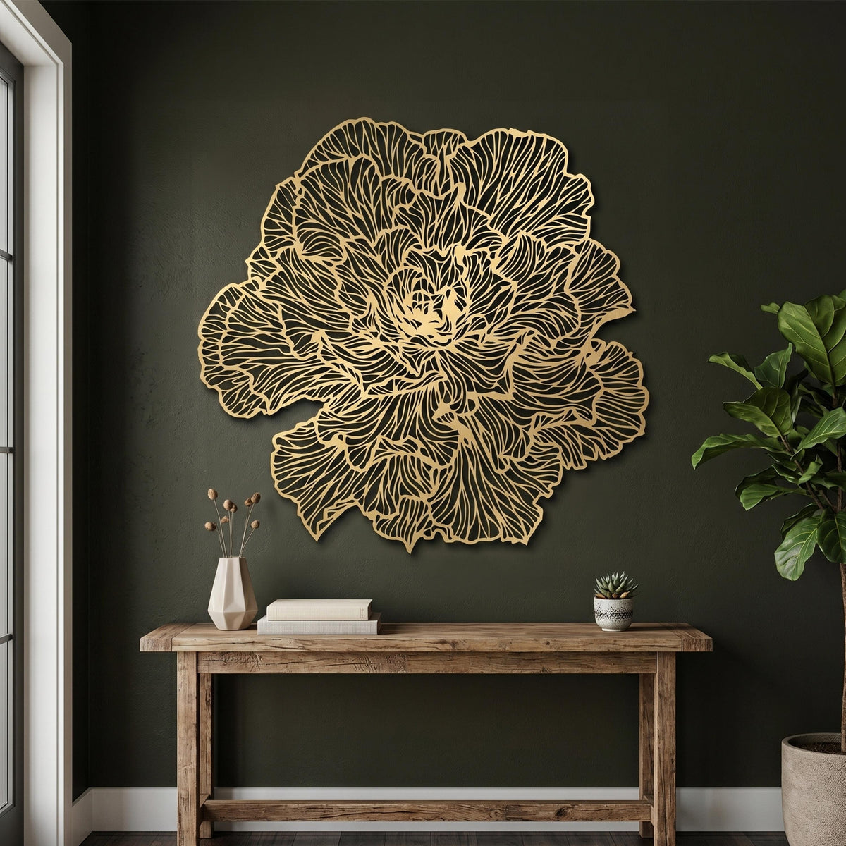 Large Peony Black Metal Flower Wall Art close-up of the powder-coated finish