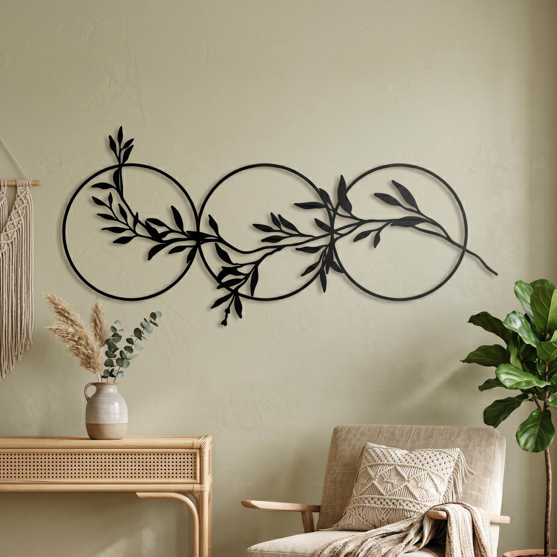 Three Circles Leaf Metal Wall Art, Matte Black Steel Olive Branch Over Bed Decor | Wallsignature