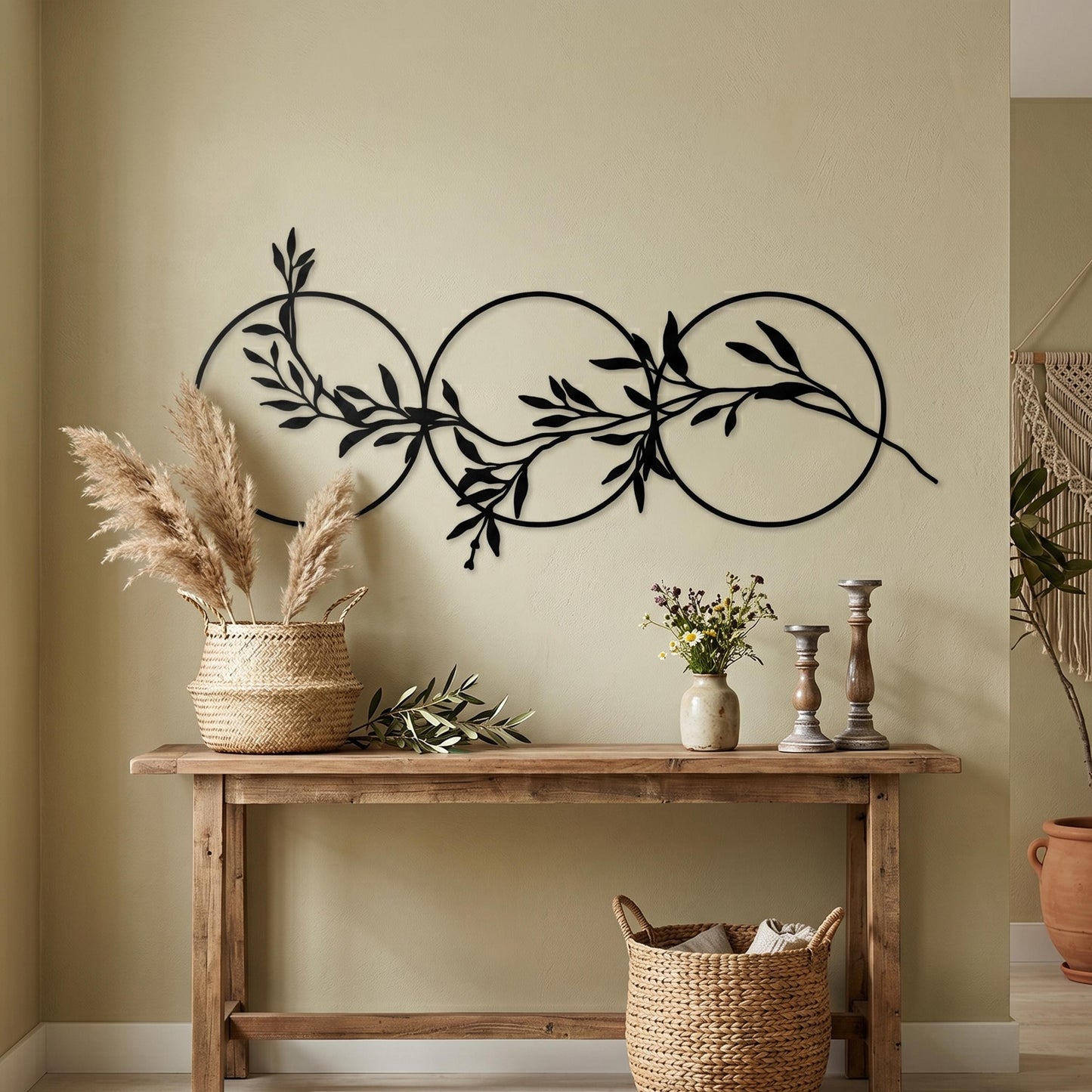 Three Circles Leaf Metal Wall Art, Matte Black Steel Olive Branch Over Bed Decor | Wallsignature