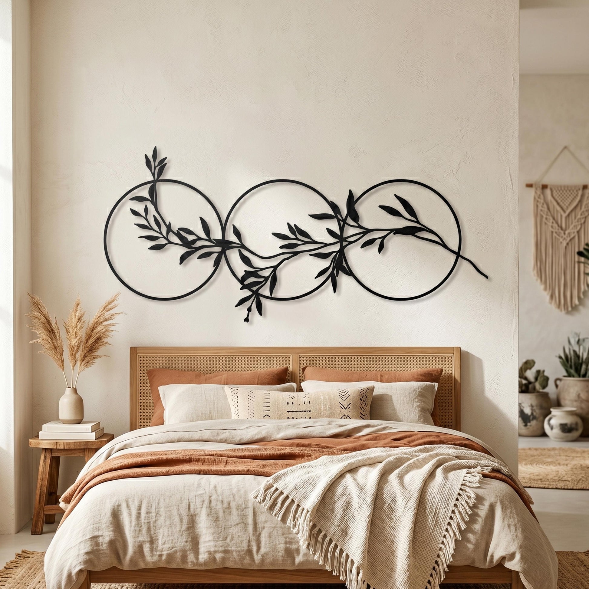 Three Circles Leaf Metal Wall Art, Matte Black Steel Olive Branch Over Bed Decor | Wallsignature
