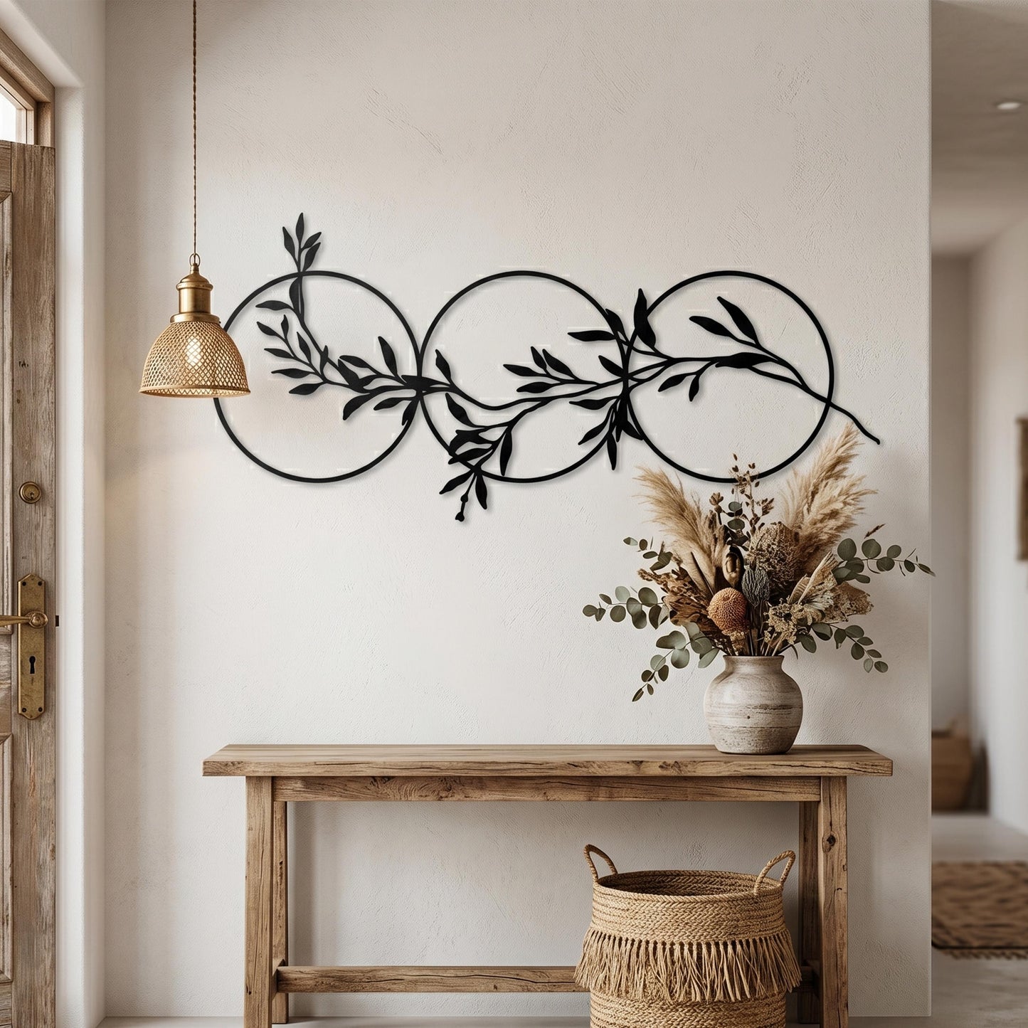 Three Circles Leaf Metal Wall Art hanging hardware and mounting detail