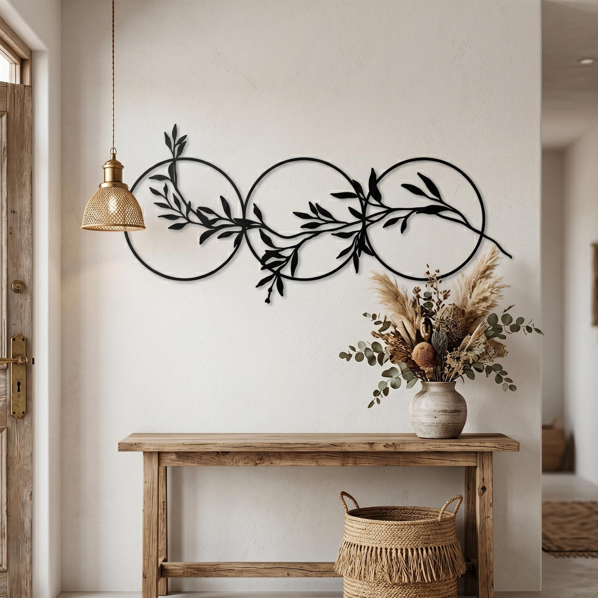 Three Circles Leaf Metal Wall Art hanging hardware and mounting detail