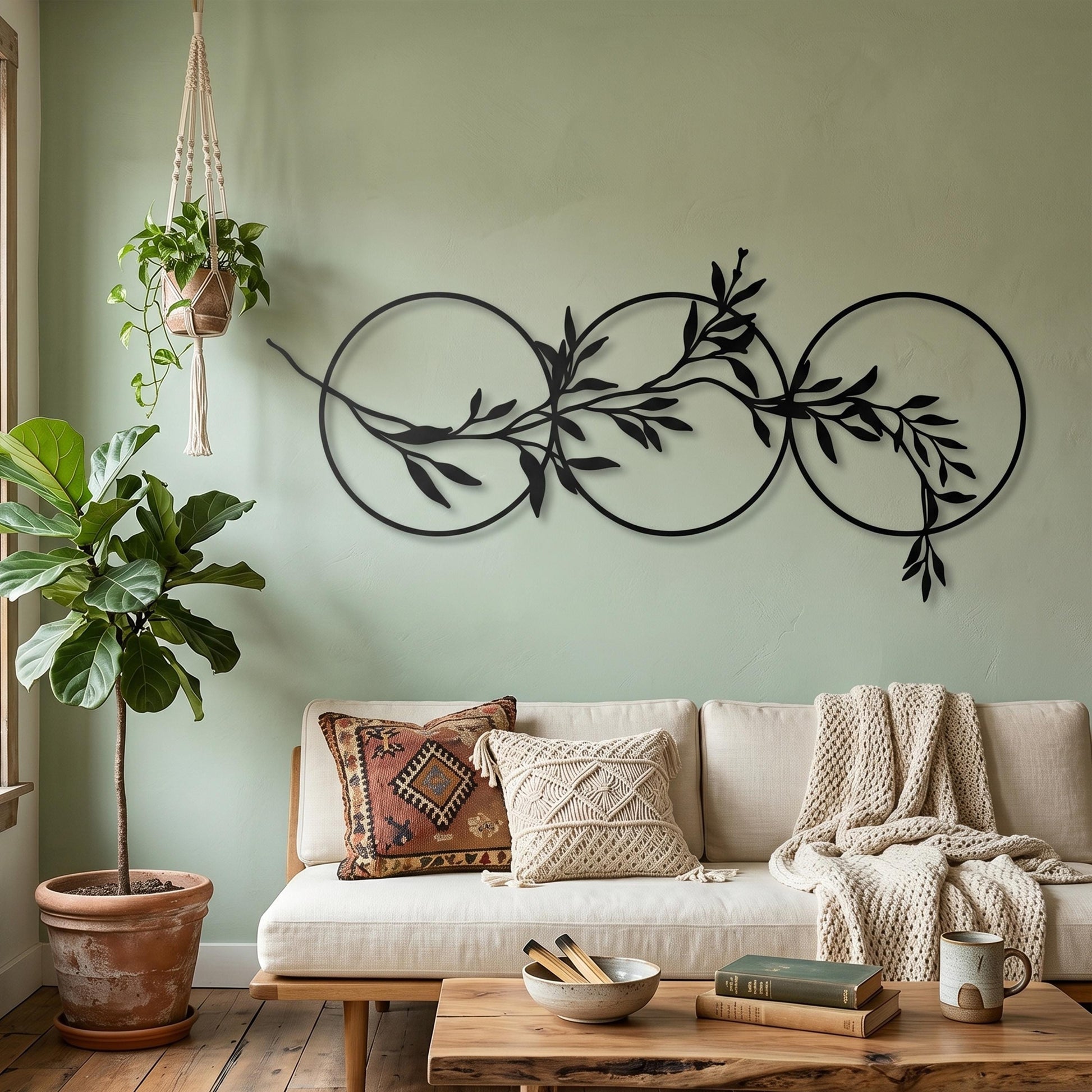 Olive Branch Circle Metal Wall Art | Botanical Horizontal Wall Decor | Wallsignature