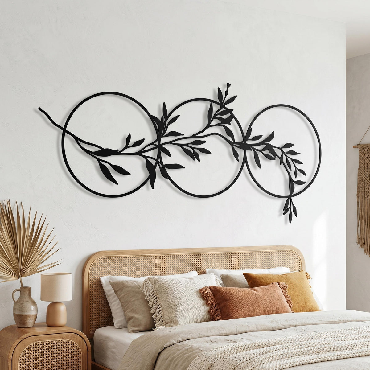 Olive Branch Circles Matte Black Steel Botanical Over Bed Horizontal Art bedroom interior styling