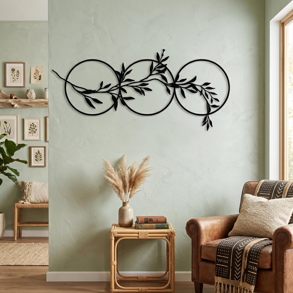 Olive Branch Circles Matte Black Steel Botanical Over Bed Horizontal Art detail of the metal edge