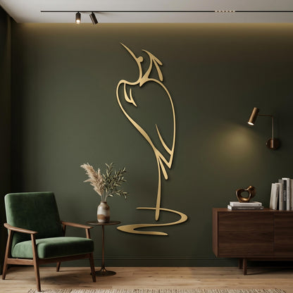 Minimalist Metal Heron Art styled above a sofa