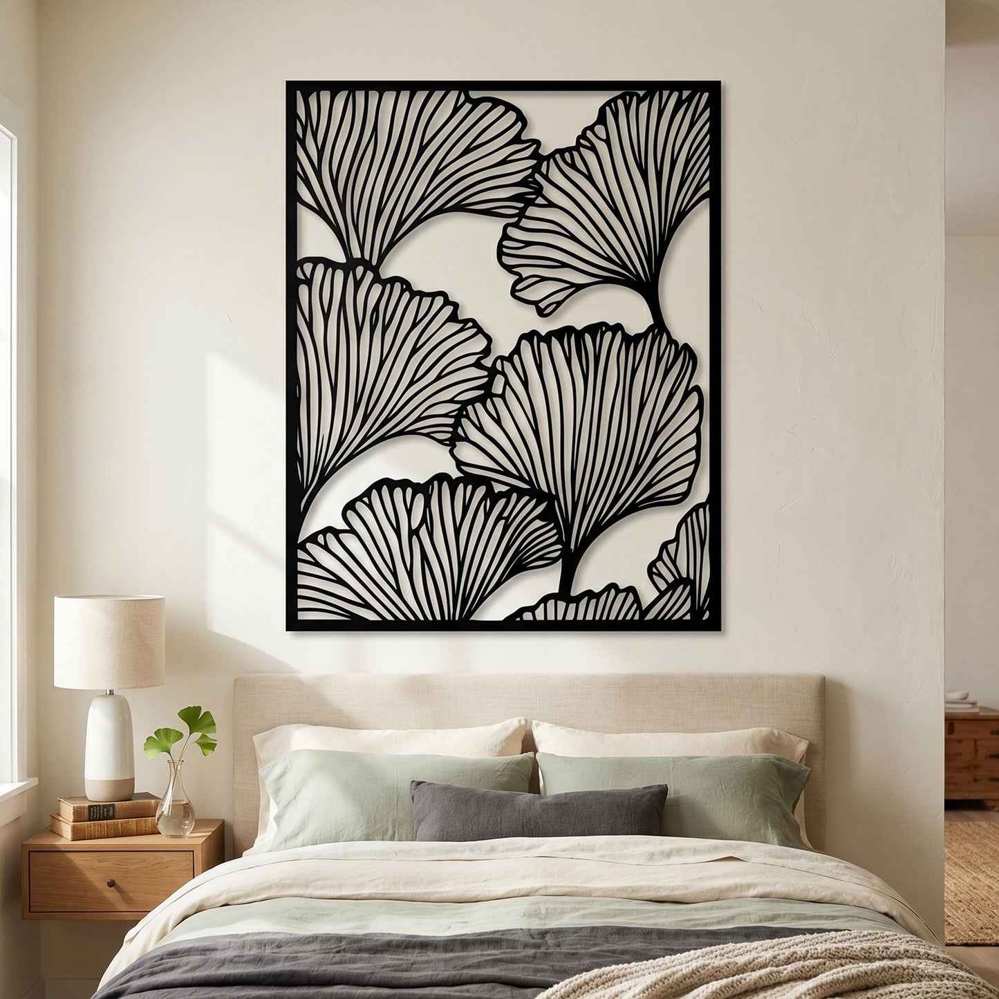 Metal Ginkgo Leaf Wall Art, Modern Botanical Line Decor, Large Bedroom Hanging Sign | Wallsignature