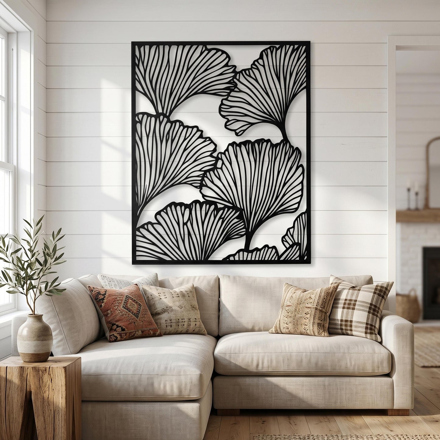 Metal Ginkgo Leaf Wall Art in a modern hallway