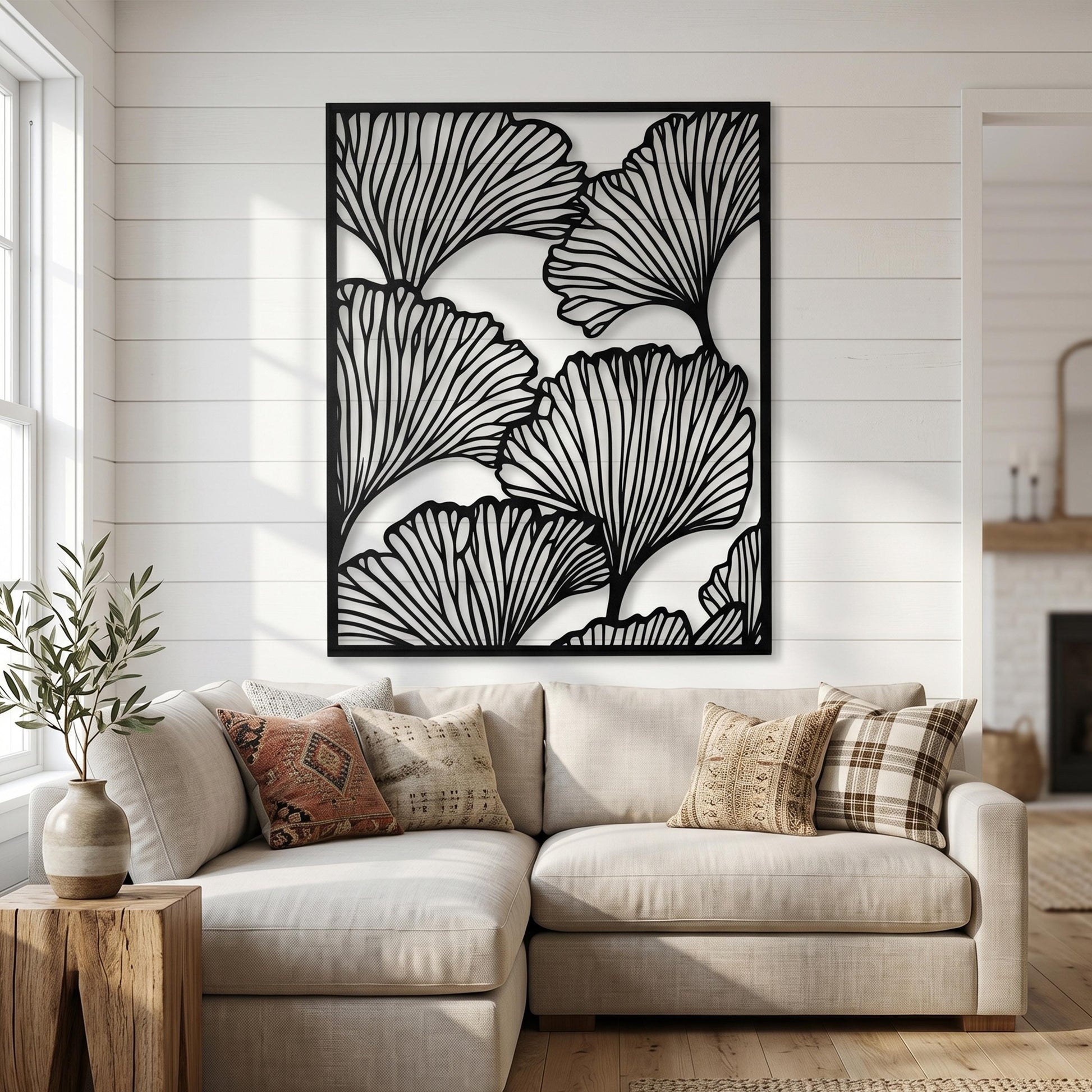 Metal Ginkgo Leaf Wall Art in a modern hallway
